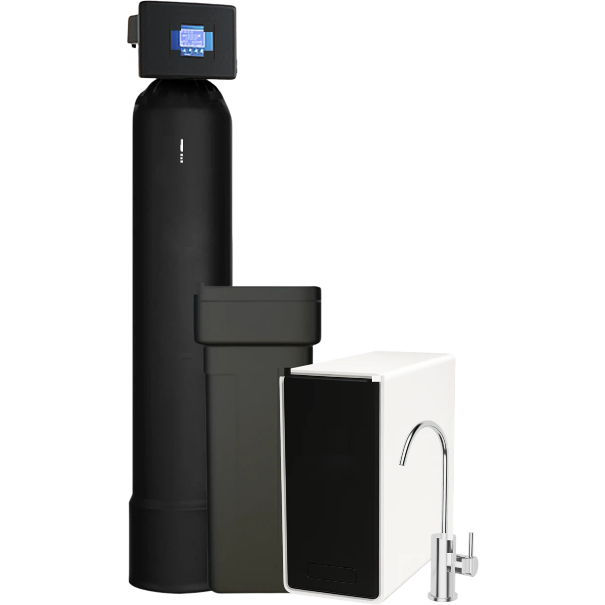 CleanLine Water Co. Complete Home Package installed in Austin TX: whole-home softening and filtration equipment, matching brine tank and AlkaPro 800 tankless reverse osmosis system